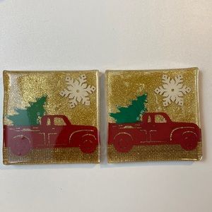 Handmade ceramic tile coasters for Christmas.